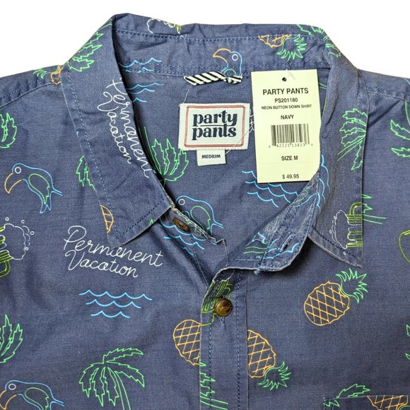 Party Pants NWT Med Short Sleeve Button Neon Sign Tropical Hawaiian Blue Shirt - Picture 7 of 10